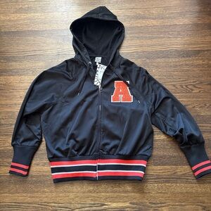 Black Hooded Jacket with Orange Patch